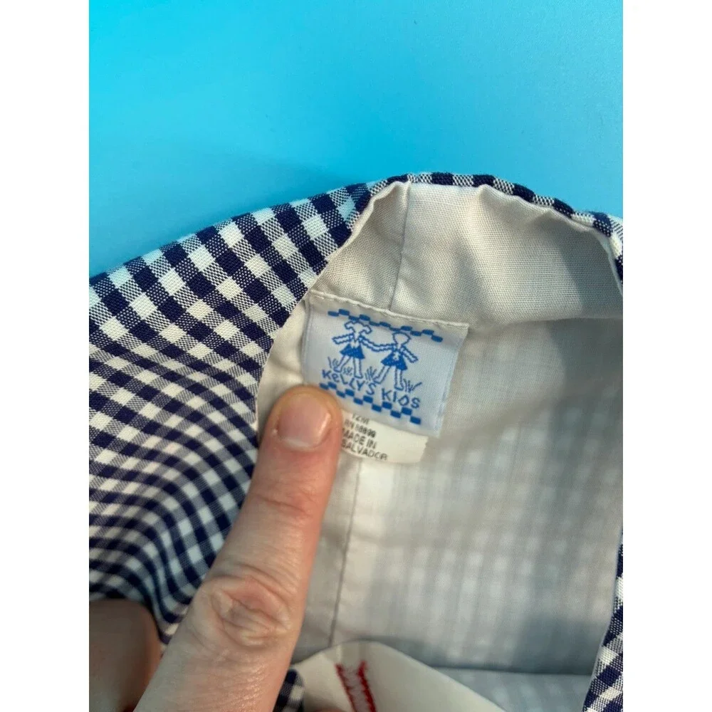 Kelly’s Kids Boys 12M Navy Gingham Monogram Shortall Jon Jon Romper NWOT Vintage
